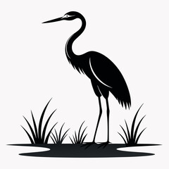 a heron standing on the edge of a body of water. The heron is facing towards the right side of the image, with its long neck and legs extended
