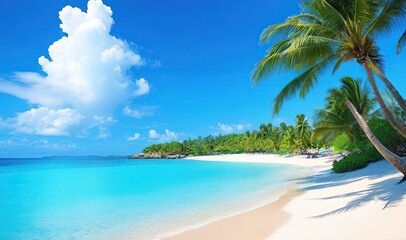 A wonderful tropical beach, warm water and palm trees in the bright sunshine