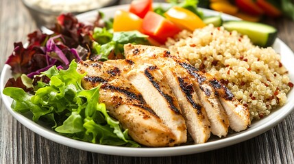 Grilled chicken breast with quinoa and salad on a white plate.