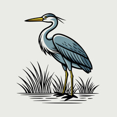 a heron standing on the edge of a body of water. The heron is facing towards the right side of the image, with its long neck and legs extended