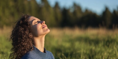 Naklejka premium A person is enjoying a peaceful moment in a field, gazing at the sky. The scene is set in a serene outdoor environment with green grass and distant trees.