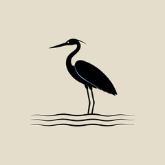 a heron standing on the edge of a body of water. The heron is facing towards the right side of the image, with its long neck and legs extended