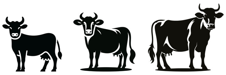 Set of cows. Black silhouette cow isolated on white background. Hand drawn vector illustration.