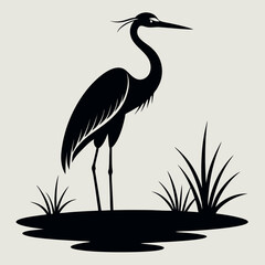 a heron standing on the edge of a body of water. The heron is facing towards the right side of the image, with its long neck and legs extended