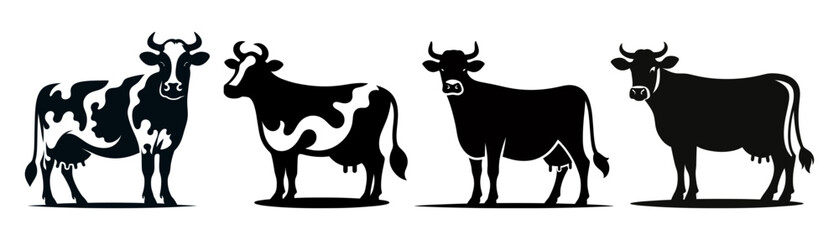Set of cows. Black silhouette cow isolated on white background. Hand drawn vector illustration.
