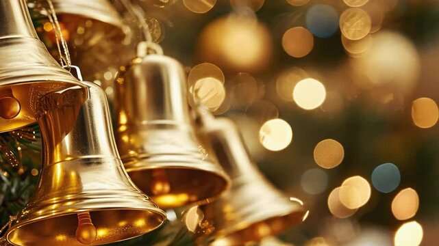 Golden christmas bells hanging on a christmas tree with sparkling lights