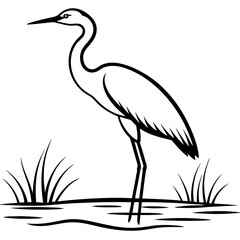 a heron standing on the edge of a body of water. The heron is facing towards the right side of the image, with its long neck and legs extended