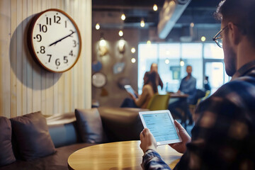 A young professional using a tablet with a project management app, seated in a co-working space with a clock on the wall, highlighting modern time management solutions in dynamic environments.
