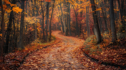 A road in a forest with leaves on the ground