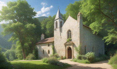 Fototapeta premium An ancient chapel in a secluded valley surrounded by verdant trees