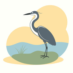 a heron standing on the edge of a body of water. The heron is facing towards the right side of the image, with its long neck and legs extended