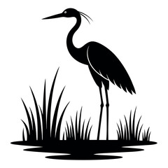 a heron standing on the edge of a body of water. The heron is facing towards the right side of the image, with its long neck and legs extended