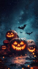 Fototapeta premium Halloween haunted house scene with eerie Jack-o-lantern, flying bats, and spooky ghosts, perfect for creating a haunting atmosphere in seasonal marketing, ads design elements Halloween commercial.