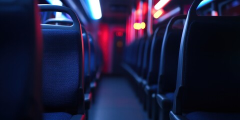 A serene and empty bus interior showcasing blue seats and ambient lighting, evoking a calm and peaceful atmosphere during the late hours with futuristic vibes.