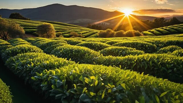 Bright sun shining over a lush tea plantation at sunset