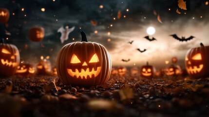 Naklejka premium Halloween spooky night with Jack-o-lanterns, ghosts, and bats for a Halloween commercial promotion.