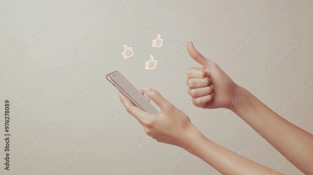 Poster smartphone surrounded by like gestures, exploring interactions in a digital social media environment