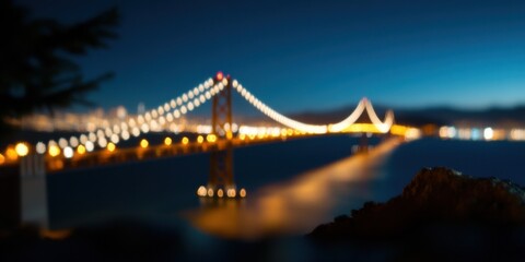 Fototapeta premium A stunning night view of a suspension bridge illuminated with lights, reflecting beautifully on the water below, symbolizing connection, structure, and modern engineering marvel.