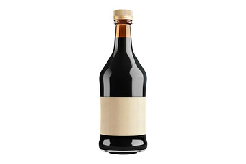 Bottle of soy sauce with a golden cap isolated on a white transparent background. Condiment concept.