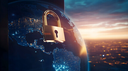 A golden padlock over a digital globe symbolizing global cybersecurity and data protection, with a...