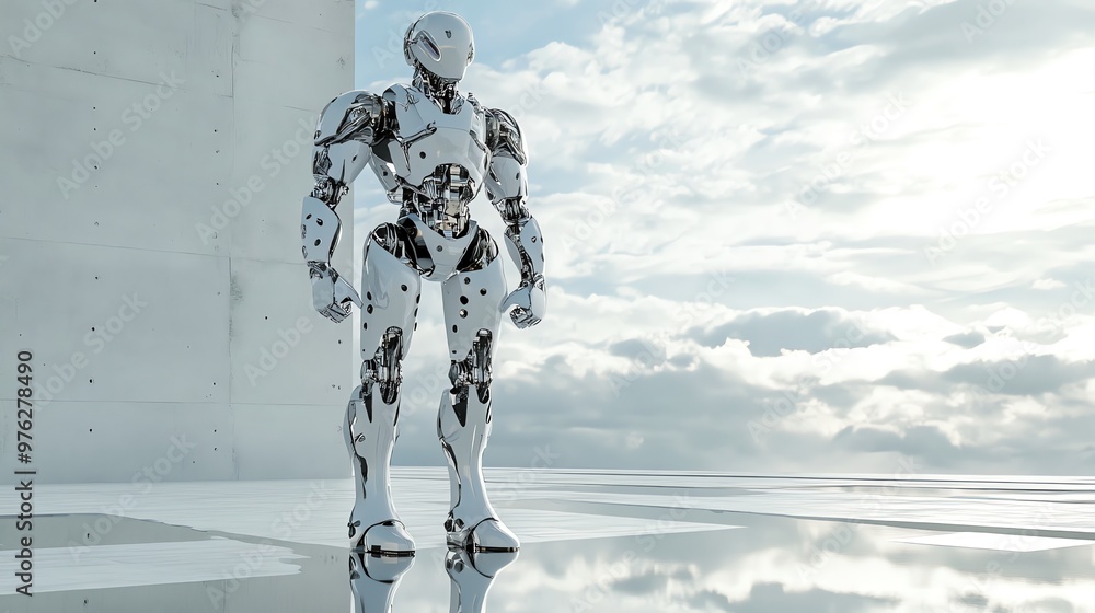 Poster futuristic robot standing on a platform with cloudy sky in the background.
