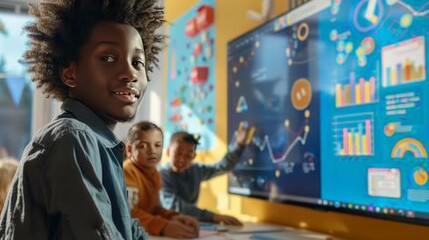 A modern, high-tech classroom with a young, dynamic teacher using interactive digital tools to engage students in learning math