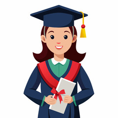 Female graduate student in gown with college certificate standing. High-quality photo on a white background. ultra-detailed, ultra-realistic photography