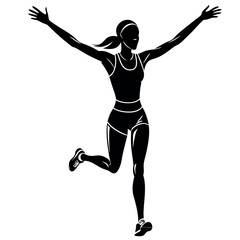 a woman running with her arms stretched out wide. She is wearing a sports bra and shorts, and her hair is tied back in a ponytail