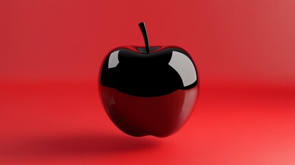 Obraz premium A single, black, glossy apple on a red background.