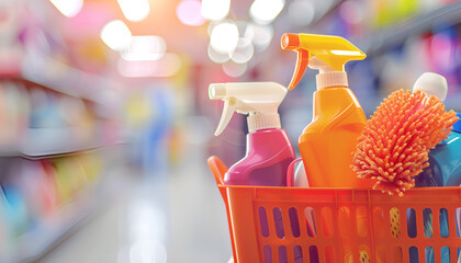 Cleaning products in a basket, including spray bottles and detergent, symbolize cleanliness and organization