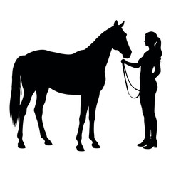 a woman standing next to a horse. The woman is holding the horse's reins and appears to be leading it