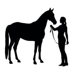 a woman standing next to a horse. The woman is holding the horse's reins and appears to be leading it