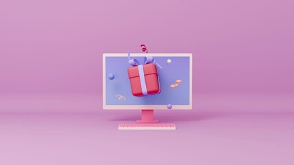 Computer monitor and present box pops up 3d animation. Gift, Mobile Marketing, earning prizes, bonus or rewards from store. online present. 4k stock footage. Birthday, Christmas or Valentines Day 
