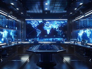 Advanced command center with holograms and world maps