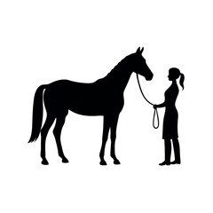 a woman standing next to a horse. The woman is holding the horse's reins and appears to be leading it