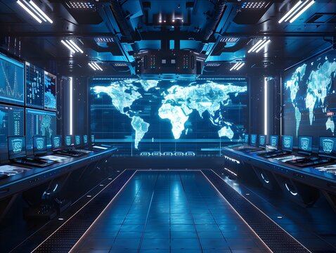 Advanced command center with holograms and world maps