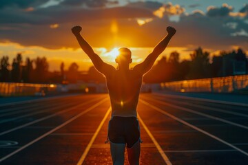 triumphant athlete, arms raised, silhouetted against a setting sun on a track field the glory of victory concept.