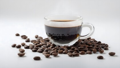 Fototapeta premium A cup of steaming hot coffee surrounded by coffee beans on a white background