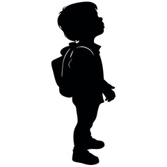 silhouette of a child with a backpack and a backpack Hyper-realism unfolds in the delicate strokes of Alphonse Mocha, intricately detailed and softly