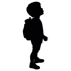 silhouette of a child with a backpack and a backpack Hyper-realism unfolds in the delicate strokes of Alphonse Mocha, intricately detailed and softly