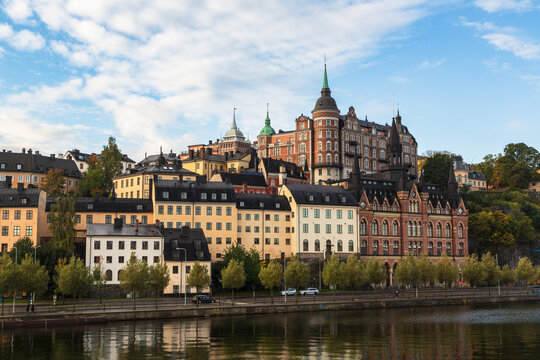 Famous hill of Stockholm, S&ouml;dermalm district, near S&ouml;der M&auml;larstrand street, at sunset. Marie mountain (Mariaberget). Montelius road and historical buildings. Sweden