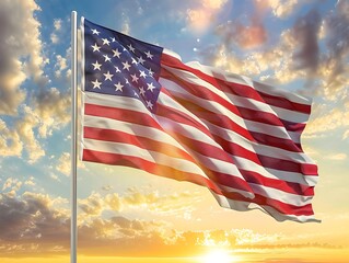 American flag waving in the wind with sunlight background