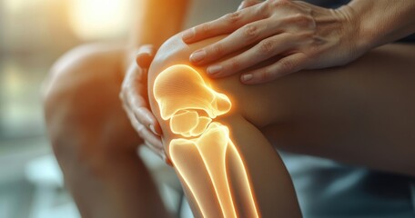 Close-up of a person holding their knee with highlighted bone structure and joint anatomy depiction