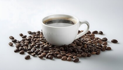 A cup of steaming hot coffee surrounded by coffee beans on a white background
