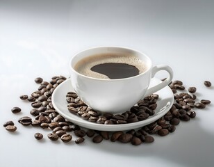 Obraz premium A cup of steaming hot coffee surrounded by coffee beans on a white background
