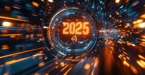 Futuristic speedometer with glowing number 2025 and dynamic arrow in digital environment