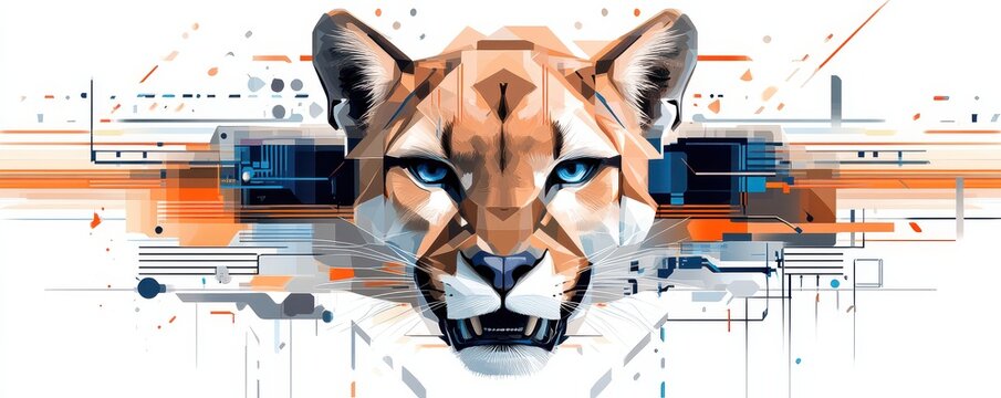 Stylized geometric illustration of an angry cougar in abstract digital art style with vibrant colors and intricate patterns.