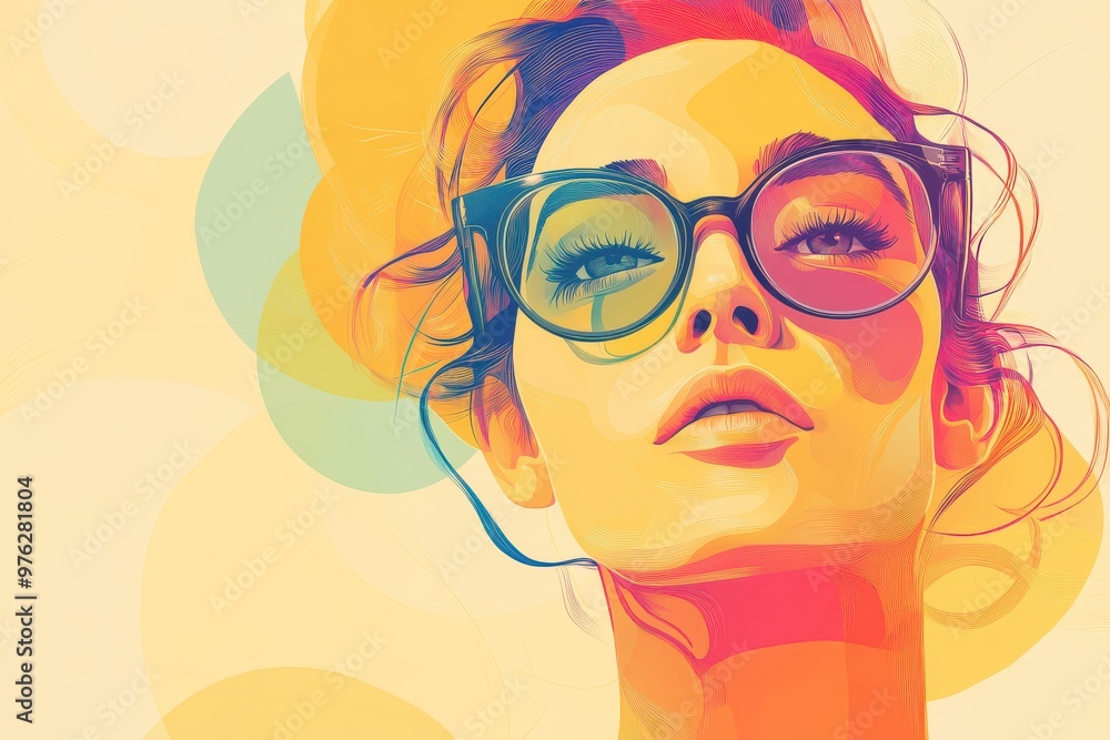 Wall mural Abstract woman illustration with vibrant colors and glasses, showcasing modern art with a stylish and imaginative touch