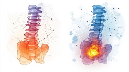 Visual representation of back pain with colorful spinal illustration highlighting discomfort and inflammation.