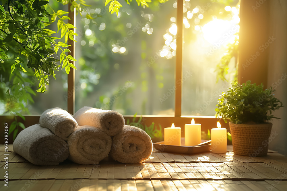 Poster soft light filters through a window illuminating neatly stacked towels, flickering candles, and pott